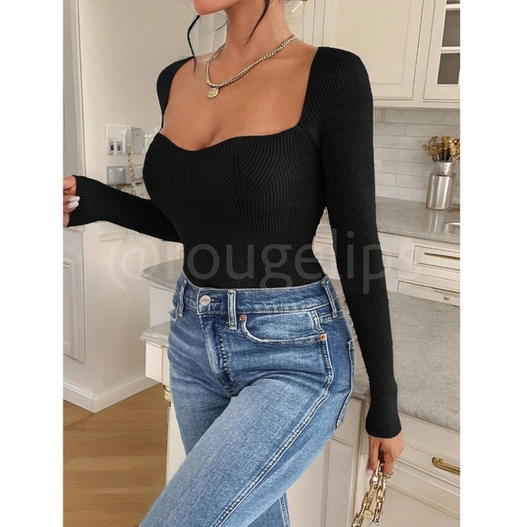 Black Sweetheart Neckline Rib Knit Light Sweater Top Fitted Slim Long Sleeve - Picture 6 of 8